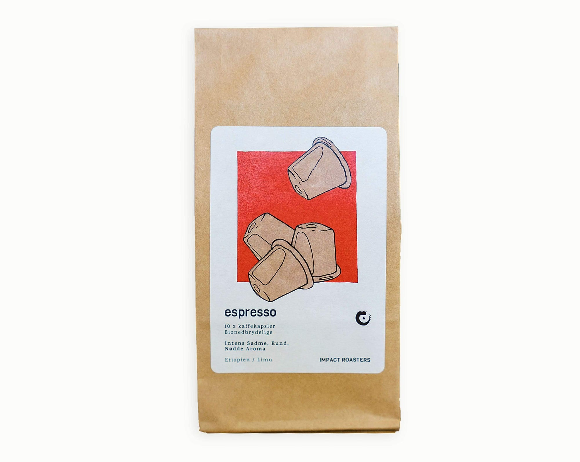A bag of biodegradable and compostable espresso capsules of Ethiopian coffee from Limu region